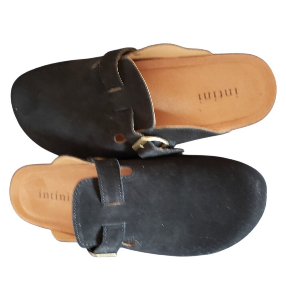 Intini Suede Slip-On Clogs W/Adjustable Buckle Strap & Cork Sole Blk Size 43/10 - Picture 6 of 10